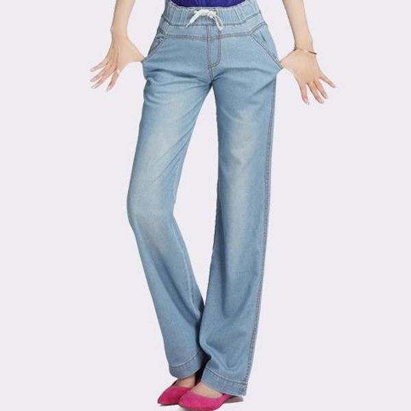 

новые широкие джинсы женские плюс размер свободные прямые повседневные брюки женская талия эластичные длинные брюки, Blue