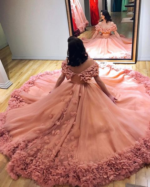 

2020 pink ball gown evening dresses tulle bateau prom dress sweep train 3d applique special occasion dresses, Black;red