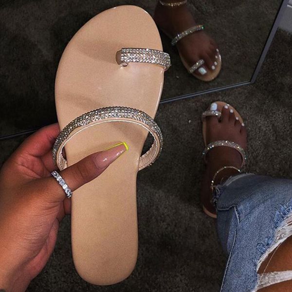 

Summer Crystal Women Flat Slippers Bling Flip Flops Non Slip Thong Slides Female Open Toe Outside Beach Shoes Casual Fashion