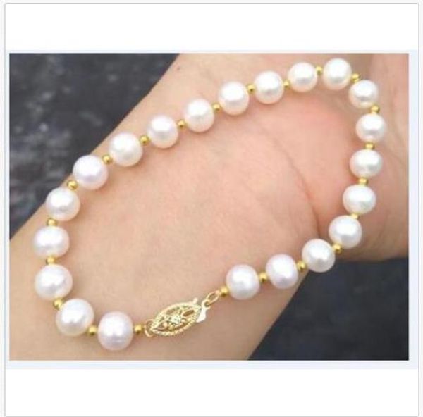 

new 8-9mm natural south sea white round pearl bracelet 7.5-8"14k gold clasp, Black