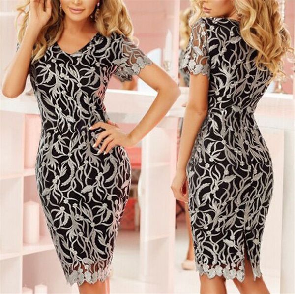 

women summer short sleeve v-neck bodycon dress ladies lace casual party dresses, Black;gray
