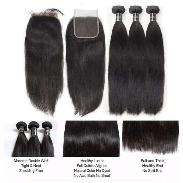 

human hair bundles with closure straight wave brazilian remy hair weave bundles with closure, Black