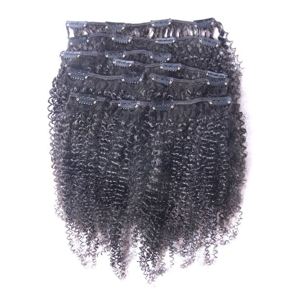 Clip riccia afro crespa vergine calda nelle estensioni dei capelli umani Clip per capelli brasiliani Remy a testa piena nera naturale Spedizione gratuita