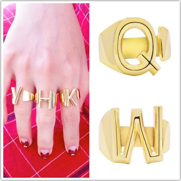 

новая мода позолоченные a-z английские буквы пользовательское имя finger ring bling алмазная открытые манжеты кольца полосы ювелирные подарк, Silver