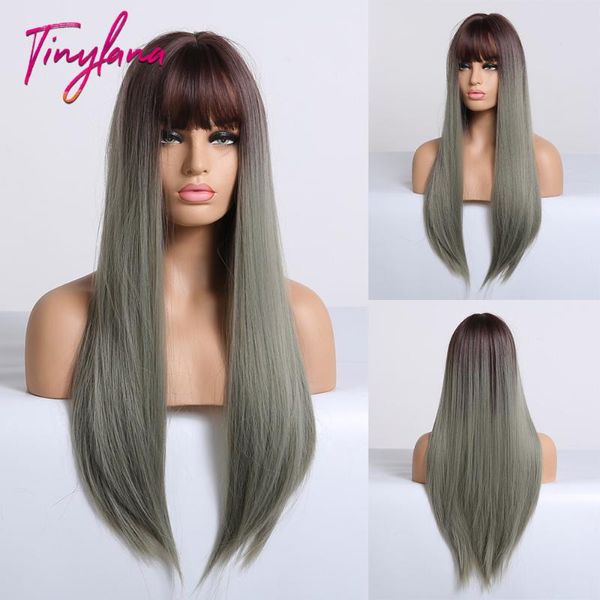 

tiny lana long straight brown to green ombre wigs with bangs synthetic wigs for black women heat resistant cosplay