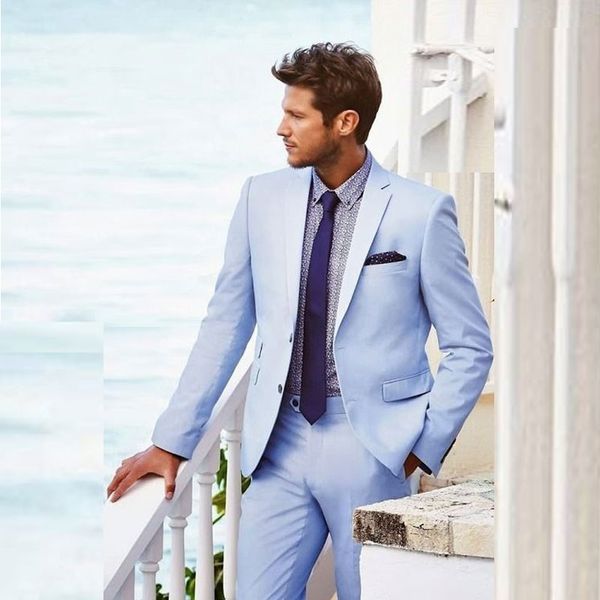 Ternos elegante Luz do Céu Azul Mens Prom entalhados lapela Groomsmen do casamento de praia smoking para homens Blazers duas peças Formal Suit jacket + pants