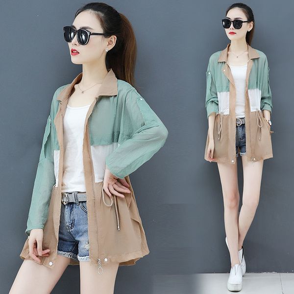 

women's trench coats fashion color matching sun protection clothing women coat korean 2021 summer section beach ultra-thin anti-uv jack, Tan;black