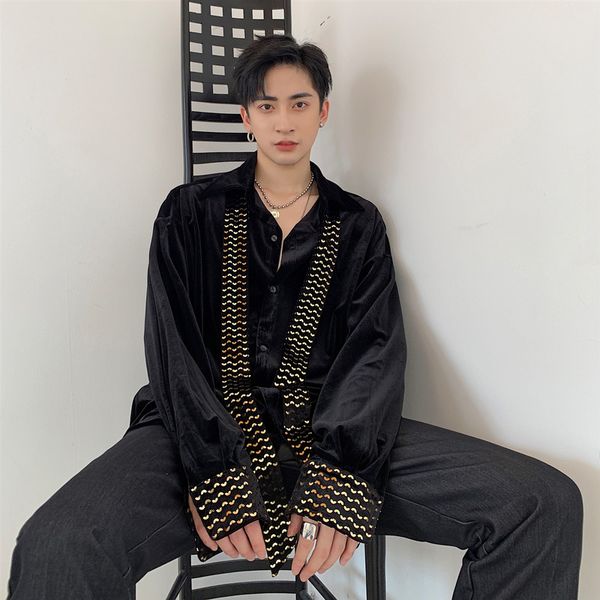 

men long sleeve sequin ribbon loose casual velvet tie shirt male vintage streetwear hip hop shirt stage show club clothing, White;black