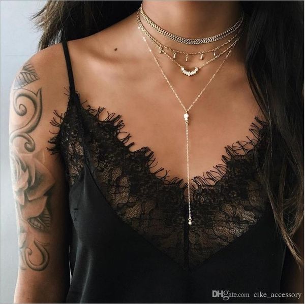 

multi layer necklace two layer chain choker water-drop imitation diamond pendant metal chain gold plated, Golden;silver