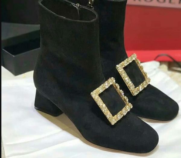 Hot Sale-feminino BLING BLING Prata Brilhante Glitter camurça preta REAL Couro Strass fivela tira Dedo quadrado com zíper BOTAS de tornozelo curtas