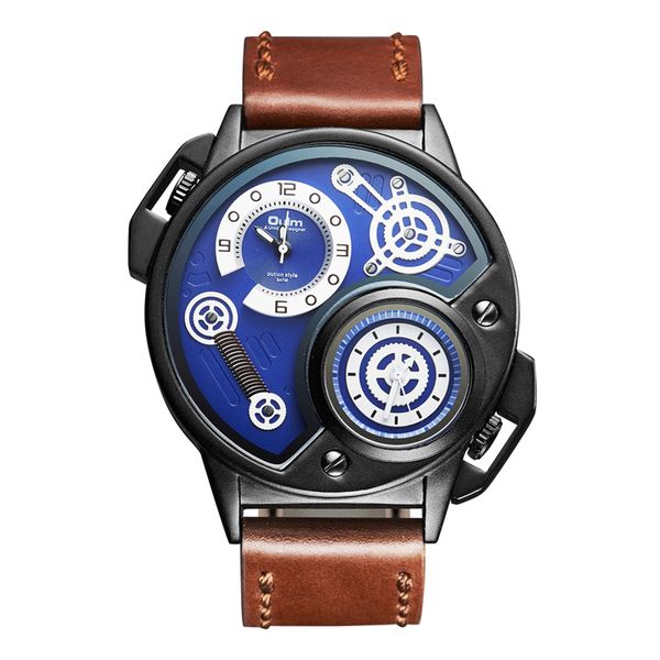 

oulm men's sports watches genuine leather wristwatch two time zone watch male quartz hours relogio masculino, Slivery;brown