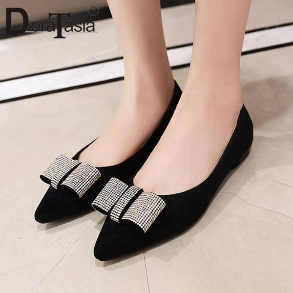 

doratasia spring summer elegant shallow flats casual slip-on low heel flats women sweet crystal butterfly-knot shoes woman, Black