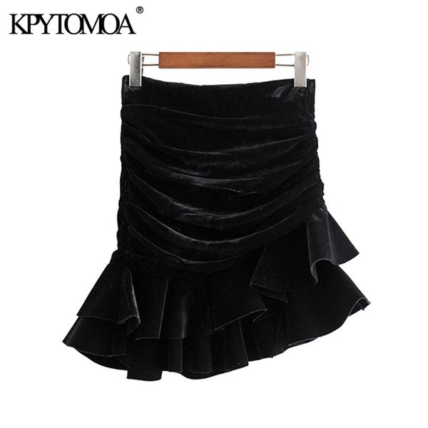 

vintage stylish ruffles irregular velvet mini skirt women 2019 fashion high waist back zipper female skirts casual faldas mujer, Black