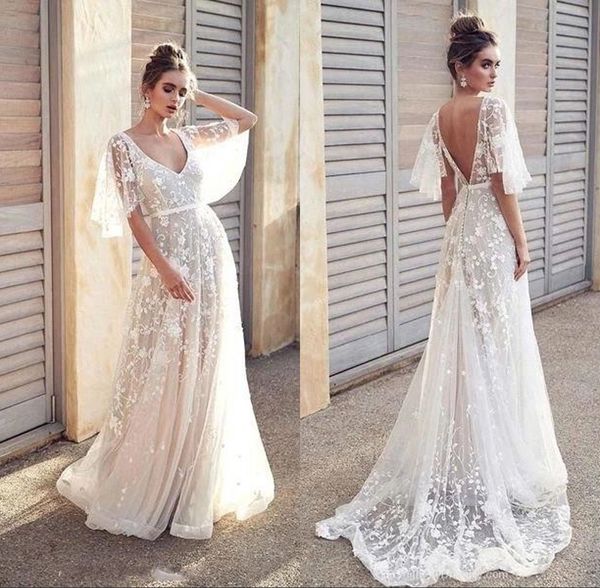 

2019 bohemian capped lace wedding dresses v neck a line beach bridal gown v cut backless robe de mariee bm1607, White
