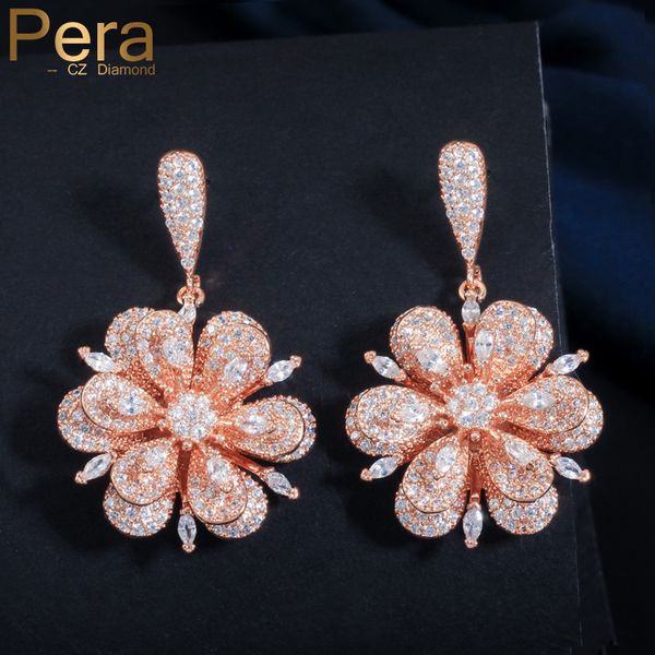 

pera elegant prom party sterling silver 925 pin jewelry mirco pave cubic zirconia big flower dangle drop earrings for women e173