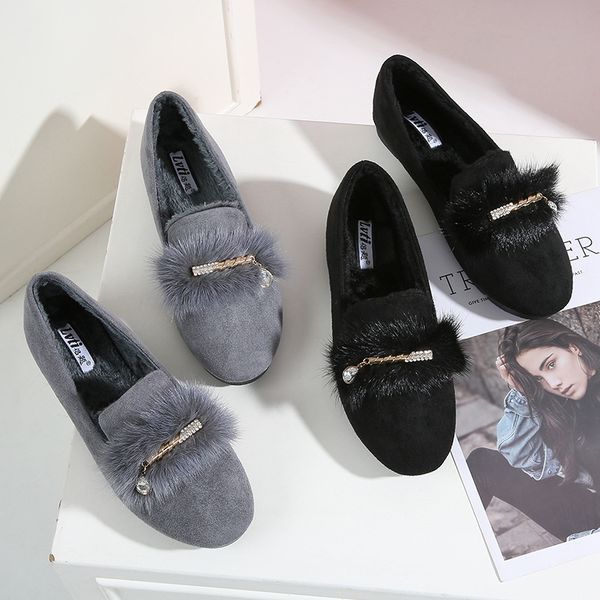 

women big size shoes woman autumn female footwear round toe casual sneaker loafers with fur women's moccasins large size fall, Black