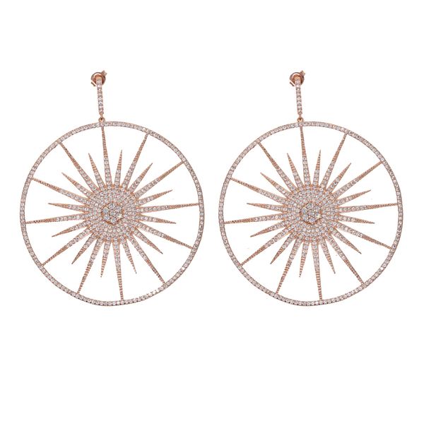 

silver rose gold color round shape charm earring with white cz paved luxury large heavy star dangle earring for wedding gift