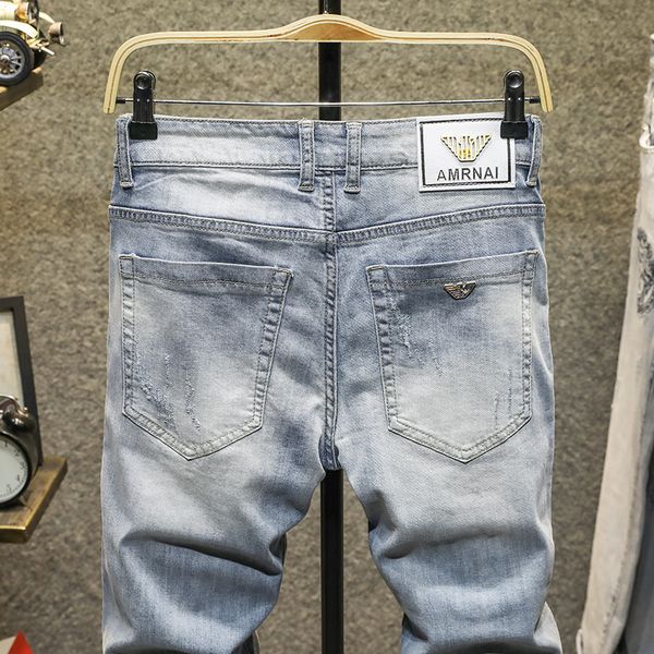 

mens designer pure cotton light color worn jeans slim youth long pants, Blue
