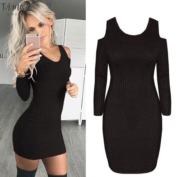 

2020 autumn winter spring women dress elegant black long sleeve cold shoulder vestidos knitted bodycon sheath pencil mini dress, Black;gray