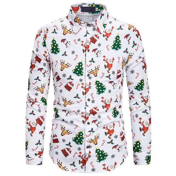 

white christmas printed shirt men 2020 brand new slim fit long sleeve xmas dress shirts mens party holiday prom chemise homme, White;black