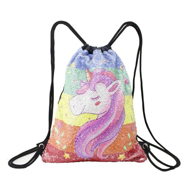 

amazon -up unicorn print cartoon cute sequin beaded bundle pocket drawstring bag backpack double shoulder bag