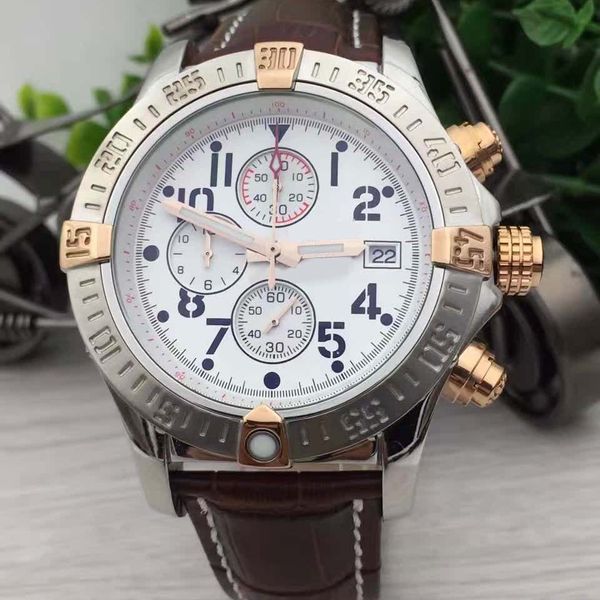 all subdials working brown leather band mens watches br 1884 super avenger ii white dial quartz chrono outdoor 48mm watch wristwatches, Slivery;brown