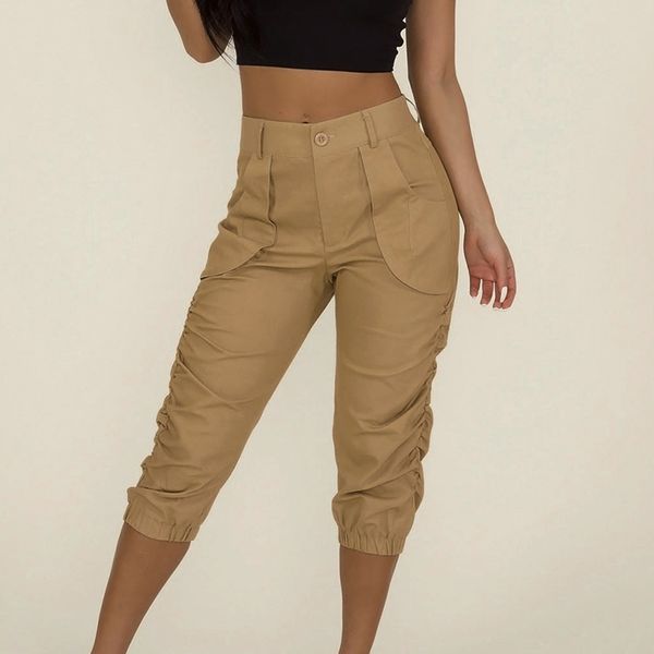 

ladies bottoms casual pants summer crop cotton blends solid color pockets high waist womens stylish fashion, Black;white