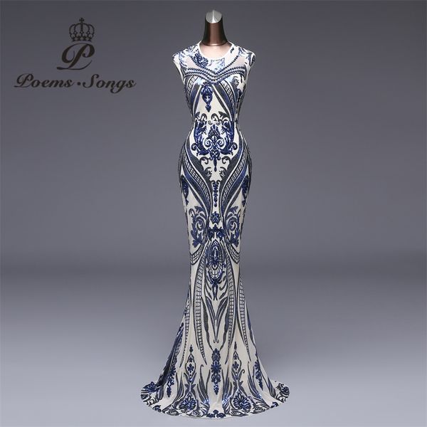 

poems songs 2019 new elegant blue sequin evening dress vestido de festa formal party dress long sequin robe longue prom gowns, White;black