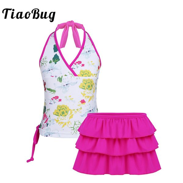 

tiaobug kids teens floral tankini swimwear halter swimming shorts skirt bikini set girls swimsuit bathing suit beachwear
