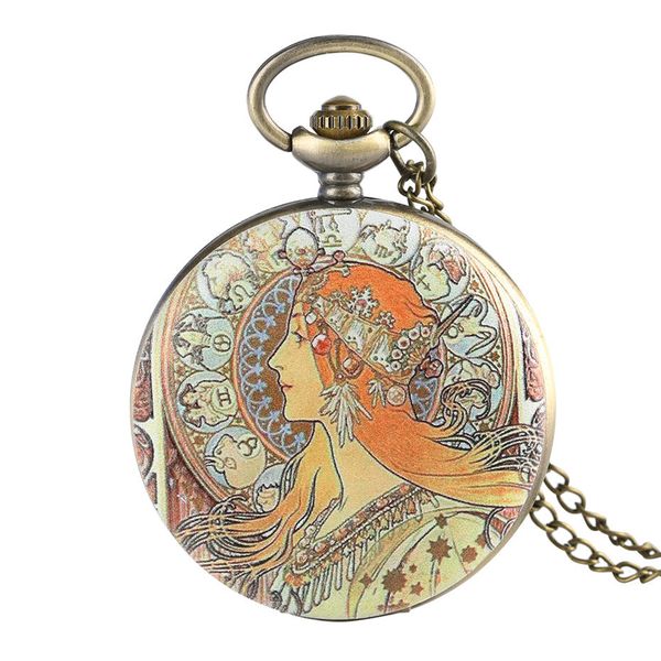 

classic mucha's work beauty pattern quartz pocket watch necklace pendant elegant style fob women watches analog clock souvenir, Slivery;golden