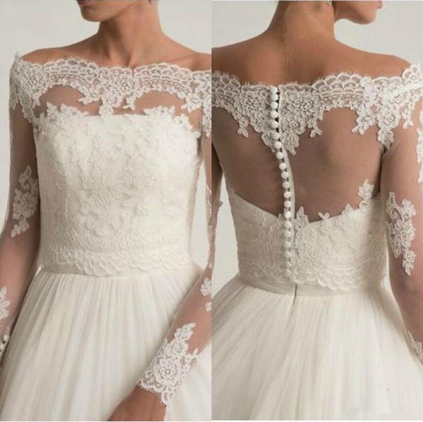 Vintage 2019 Giacche da sposa Applicazioni in pizzo Bolero da sposa Avvolgere Top con spalle scoperte Manica lunga Giacca da sposa personalizzata Plus Size