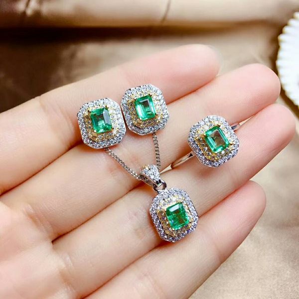 

meibapj luxurious natural columbia emerald gemstone jewelry set 925 sterling silver 3 siut green stone fine jewelry for women, Black