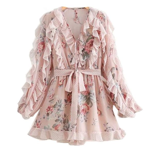 

2019 spring sweet polka dot floral print jumpsuit pink wood ear ruffles flare long sleeve bow short romper overalls bodysuit, Black;white