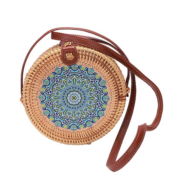 

печать круглого rattan crossbody сумка, соломы boho сумка для женщин кошелька ручной работы сцепления тканого shoulder bag