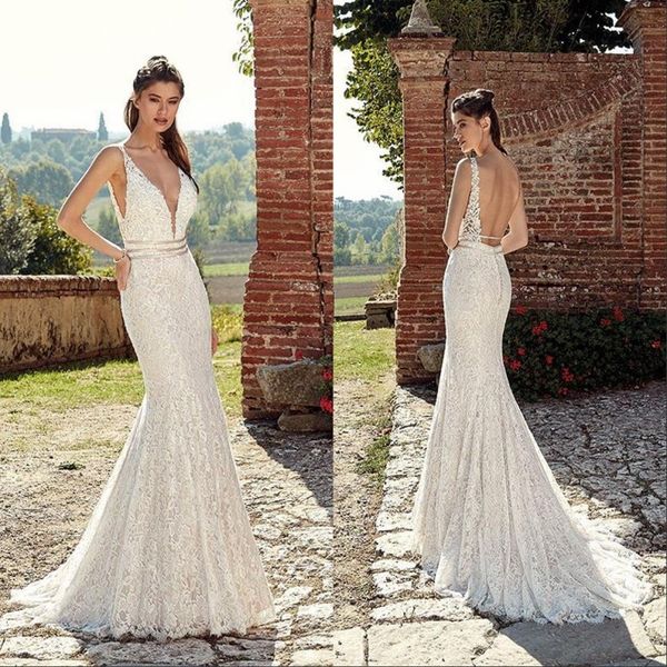 

wedding dresses with sash v neck lace backless sweep train mermaid bridal dress gorgeous country wedding gowns custom plus size, White