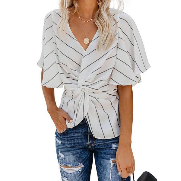 

women short batwing sleeves chiffon stripes printed ruched twist knotted front v-neck empire waist shirts s-2xl, White