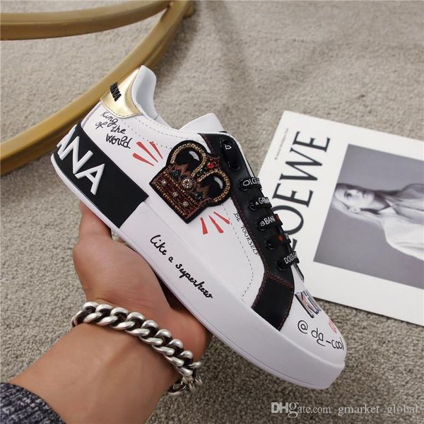 

престижный мужской женские тапки portofino кеды в распечатанном nappa телячьей кожа с накладным граффити полиграфического дизайна кожаных кр, Black