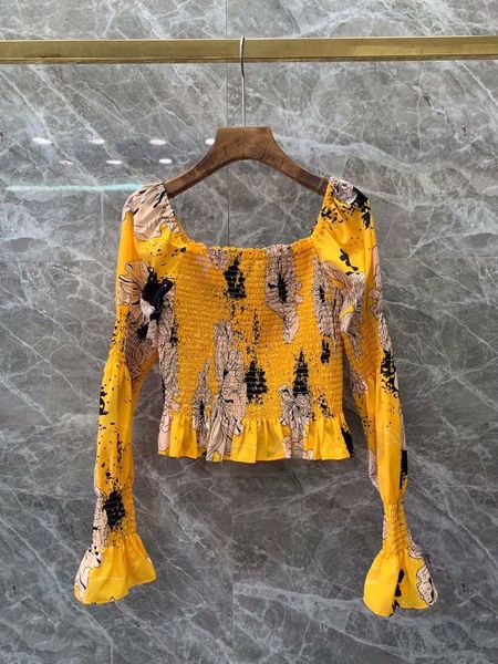 

new 2020 summer designer women crop floral print slash neck flare sleeve elastic ruched blouses yellow red, White