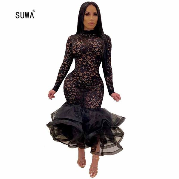 

night club women's dress pure black perspective slim trumpet robes design women o neck long sleeve mermaid gowns, Black;pink