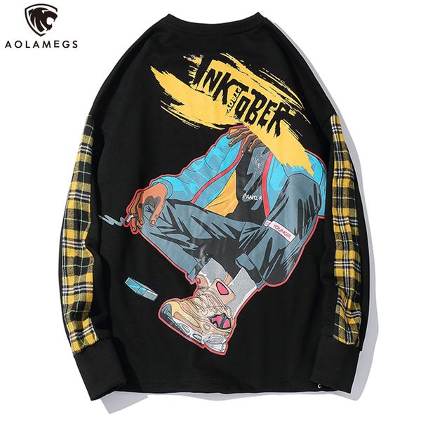 

aolamegs sweatshirt cool letter print pullover hip hop style o-neck side plaid sleeve sweatshirt loose autumn fashion streetwear, Black