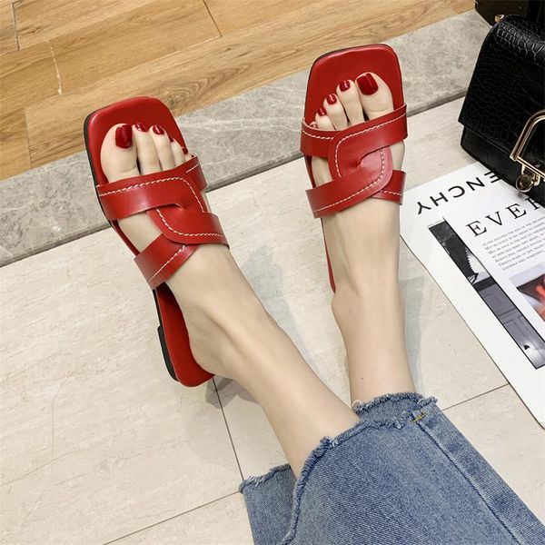 

eoeodoit women summer sandals open toe square casual flat heel leather slippers outside comfort slides drags, Black