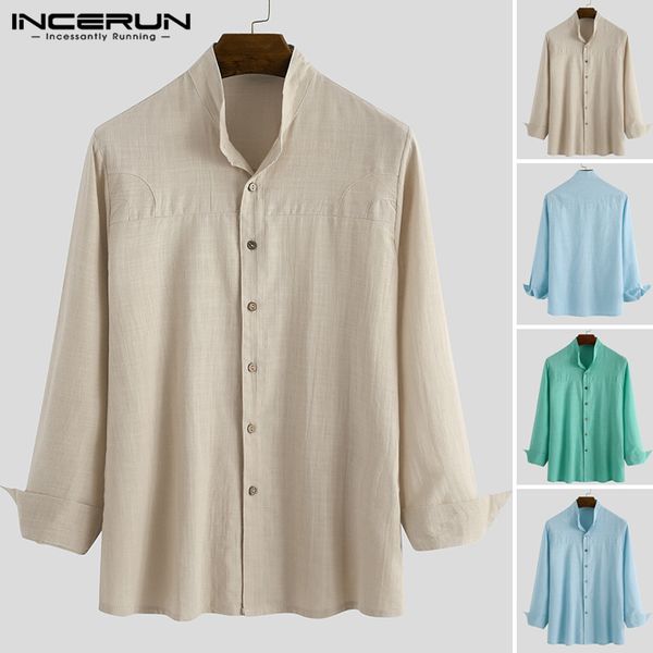 

men's casual shirts 2021 spring man long sleeve solid color cotton shirt men stand collar breathable blouse chic style camisa, White;black