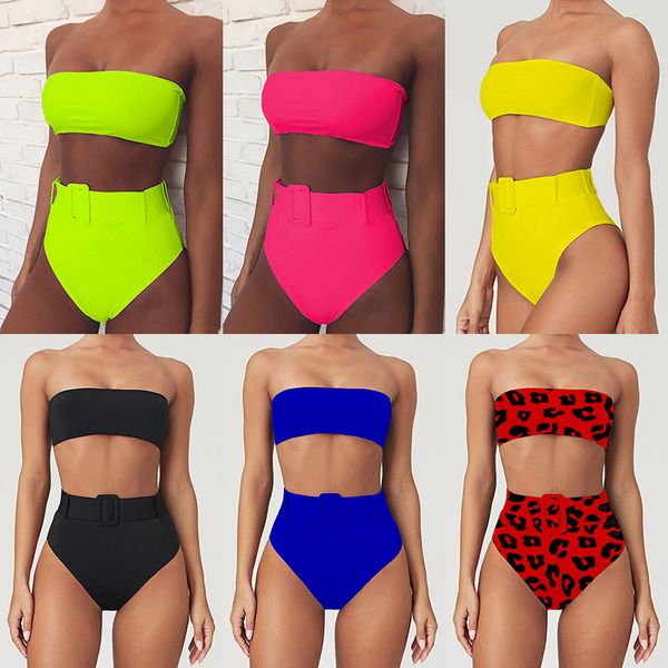 

2020 solid bandeau bikini swimwear women push up buckle swimsuit high waist bikini set beach wear bathing suit brazilian biquini