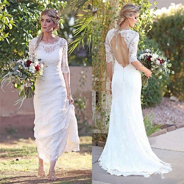 Boho Lace Wedding Dresses Sheath Jewel With Sweep Train Half