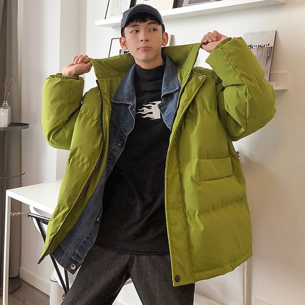 

winter thick denim stitching coat men's warm parka men fashion solid color cotton stand collar jacket loose wild male clothes, Black