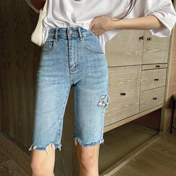 

women's jeans women short with hole frayed hem wrinkle wash cotton elastic girls, Blue