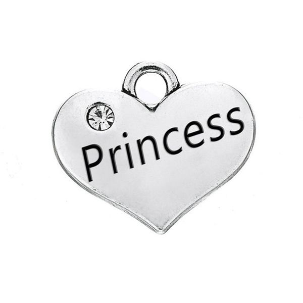 

10pcs/lot charm pendants heart antique silver color "princess" message carved clear rhinestone, Bronze;silver