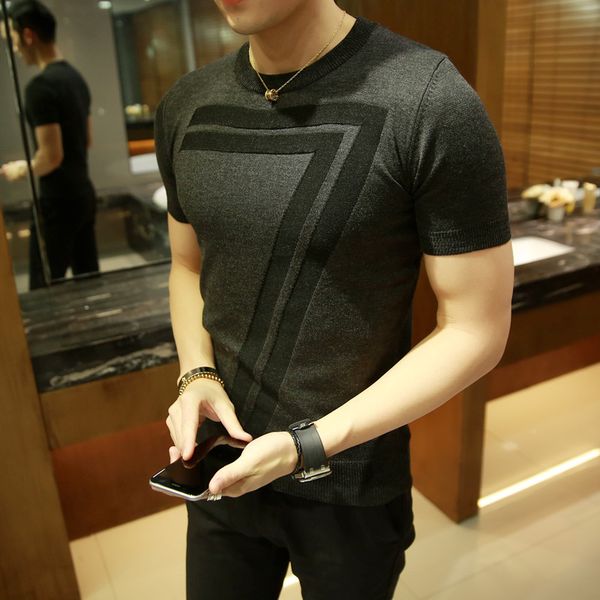 

2018men's autumn new short sleeve sweater pullover men's slim round neck trend korean version of half sleeve sweater ed, White;black
