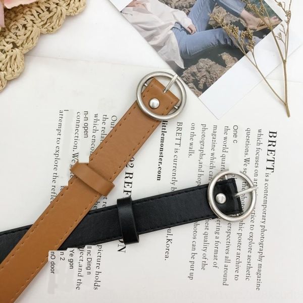 

round head belt female summer and jeans 2019 simple all-match jeans decorative pin buckle thin belt students, Black;brown