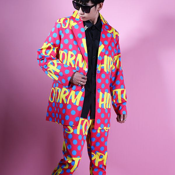 

new personality wave dot letter doodle mens suits men loose slim 2 pcs suit male singer nightclub dress plus size jacket s-5xl, White;black